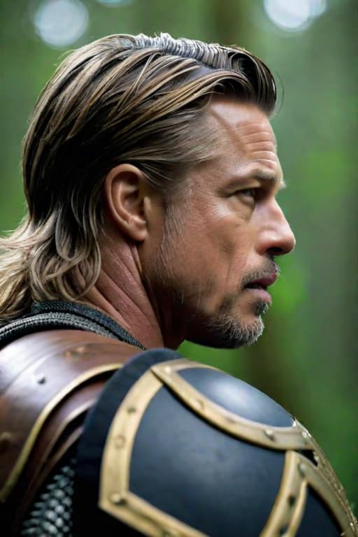  Side View of Brad Pitt in Roman Warrior cosplay, wearing a shield on his back,Overgrown,mystic,ethereal,darkness,muscular,spartan,more impressive beard,extreme detailed and ornamented armor,black armor,gold ornament, atmospheric haze,Film grain,cinematic film still,shallow depth of field,highly detailed,high budget,cinemascope,moody,epic,OverallDetail,2000s vintage RAW photo,photorealistic,candid camera,color graded cinematic,eye catchlights,atmospheric lighting,imperfections,natural,shallow dof,dynamic angle,full body,<lora:RMSDXL Darkness Cinema:0.8>,<lora:RMSDXL Enhance:0.8>,, high resolution,extreme detail hyperrealistic, full body, detailed clothing, highly detailed, cinematic lighting, stunningly beautiful, intricate, sharp focus, f/1. 8, 85mm, (centered image composition), (professionally color graded), ((bright soft diffused light)), volumetric fog, trending on instagram, trending on tumblr, HDR 4K, 8K