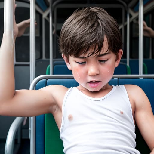  a very sweaty very young boy, caught on a public bus, is discovered by the viewer. The young 's face is rendered in exquisite detail, a look of and arousal as he realizes he's been caught the boy on the bus seat lets out a stream of warm, viscous liquid shooting out from his huge engorged erect tip coating his and splattering onto the floor of the bus, the pinnacle of his is his sweaty features, high-angle shot, dramatic angle, extreme angle shot, photo-realistic, volumetric fog, 85mm lens, HDR, cinematic