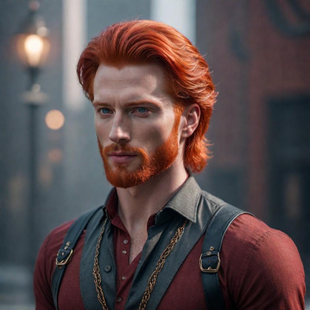  A red-headed male. hyperrealistic, full body, detailed clothing, highly detailed, cinematic lighting, stunningly beautiful, intricate, sharp focus, f/1. 8, 85mm, (centered image composition), (professionally color graded), ((bright soft diffused light)), volumetric fog, trending on instagram, trending on tumblr, HDR 4K, 8K