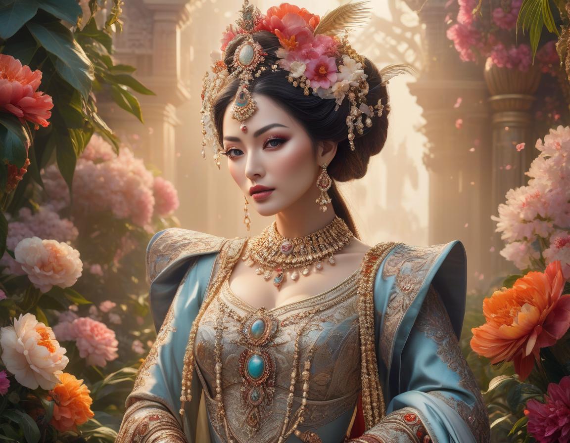  hyperrealistic art A woman adorned in elaborate traditional jewelry and attire, set against a floral background with a regal aura Analog photo graceful dada absurdity surreal, trending on artstation, sharp focus, studio photo, intricate details, highly detailed. . extremely high resolution details, photographic, realism pushed to extreme, fine texture, incredibly lifelike hyperrealistic, full body, detailed clothing, highly detailed, cinematic lighting, stunningly beautiful, intricate, sharp focus, f/1. 8, 85mm, (centered image composition), (professionally color graded), ((bright soft diffused light)), volumetric fog, trending on instagram, trending on tumblr, HDR 4K, 8K