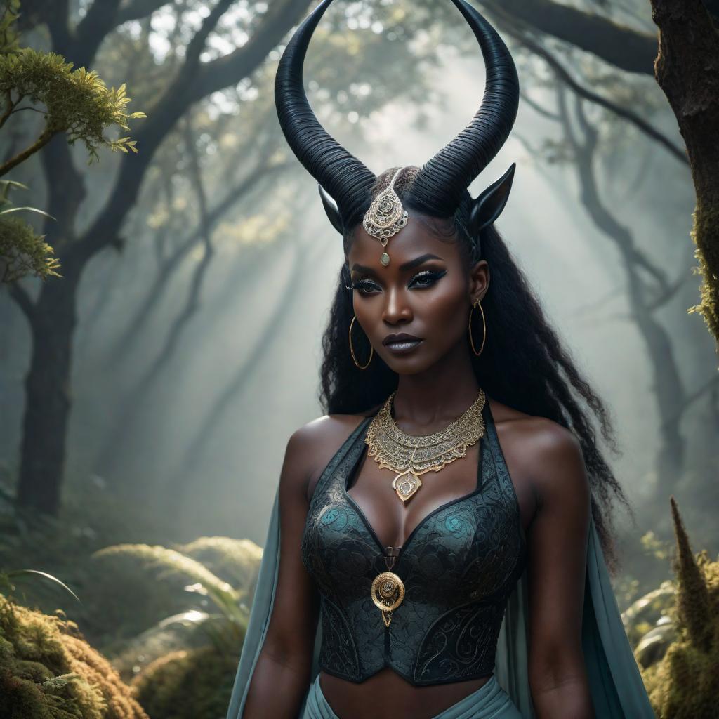  Capricorn female with black skin in a fantasy lofi art style, featuring celestial themes, mystical vibes, and a tranquil, dreamlike atmosphere with an angry expression. hyperrealistic, full body, detailed clothing, highly detailed, cinematic lighting, stunningly beautiful, intricate, sharp focus, f/1. 8, 85mm, (centered image composition), (professionally color graded), ((bright soft diffused light)), volumetric fog, trending on instagram, trending on tumblr, HDR 4K, 8K