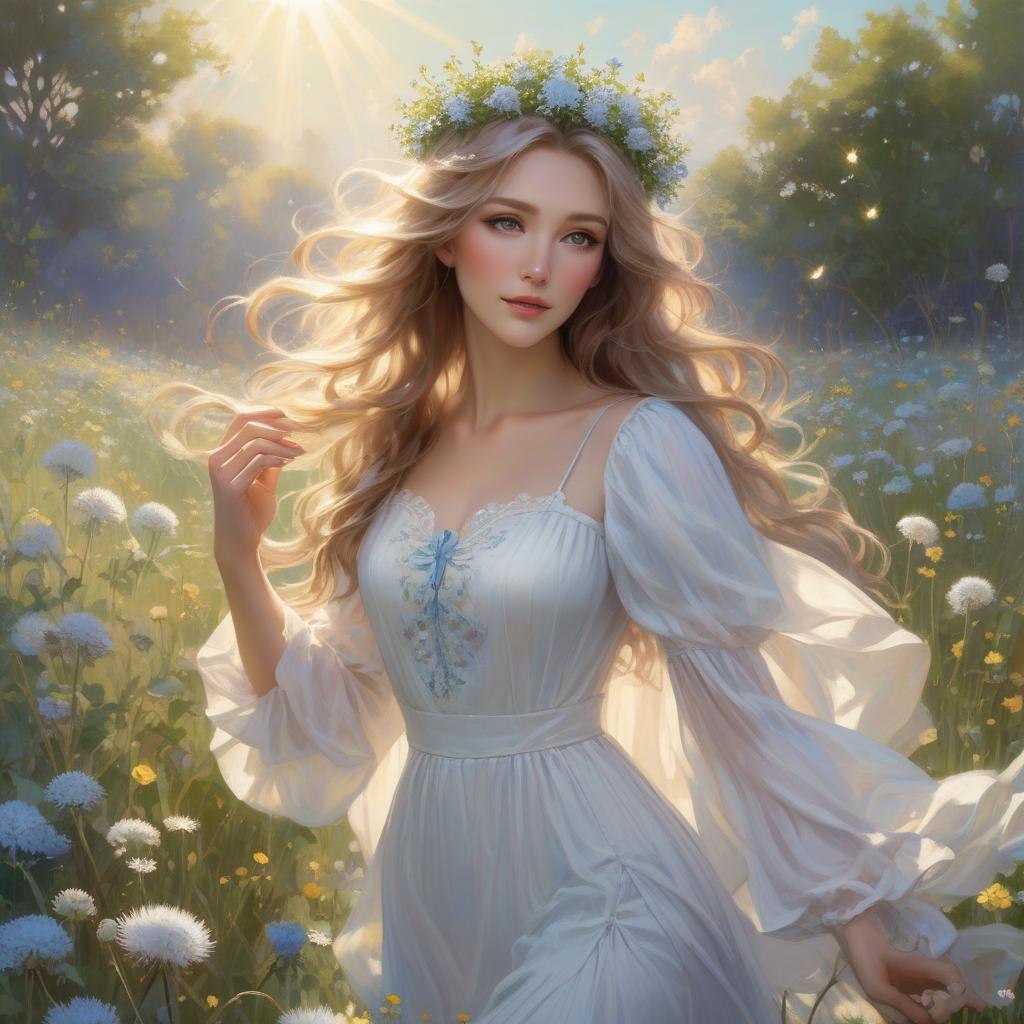  A with a floral crown and flowing hair is amidst a bright field of flowers, sunlight dappling through, creating a serene, magical atmosphere In the style of Daniel F Gerhartz and Morgan Weistling. A young with long, wavy hair adorned with small blue and white flowers blowing on a dandelion in a meadow filled with dandelions and other small flowers. She wears a white dress with puffy sleeves. The scene is ed in soft, warm light, creating a dreamy, ethereal atmosphere. Started from image: hyperrealistic, full body, detailed clothing, highly detailed, cinematic lighting, stunningly beautiful, intricate, sharp focus, f/1. 8, 85mm, (centered image composition), (professionally color graded), ((bright soft diffused light)), volumetric fog, trending on instagram, trending on tumblr, HDR 4K, 8K