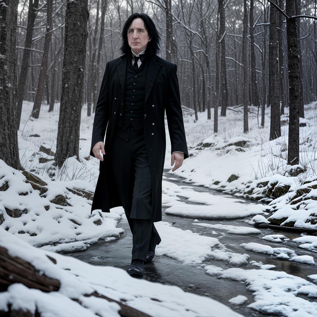  as a cinematic render, severus Snape paseando en el bosque nevado