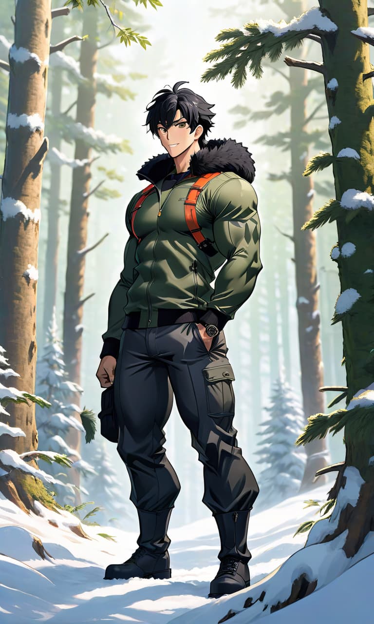  anime artwork A man with black hair, black bushy ears, muscular build, and a black bushy tail in everyday camouflage clothing smiles with a detailed face against the backdrop of a winter forest. . anime style, key visual, vibrant, studio anime, highly detailed hyperrealistic, full body, detailed clothing, highly detailed, cinematic lighting, stunningly beautiful, intricate, sharp focus, f/1. 8, 85mm, (centered image composition), (professionally color graded), ((bright soft diffused light)), volumetric fog, trending on instagram, trending on tumblr, HDR 4K, 8K