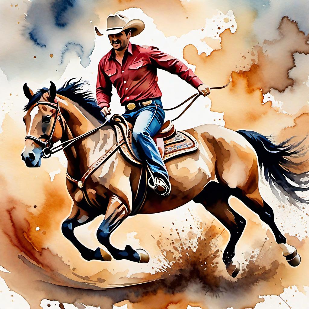  Create a watercolor painting of a man ridding a bucking horse at a rodeo. The background features soft, watercolor style splashes in earthy tones, giving the image an artistic and dreamy feel. Ensure the overall image has a delicate watercolor effect.