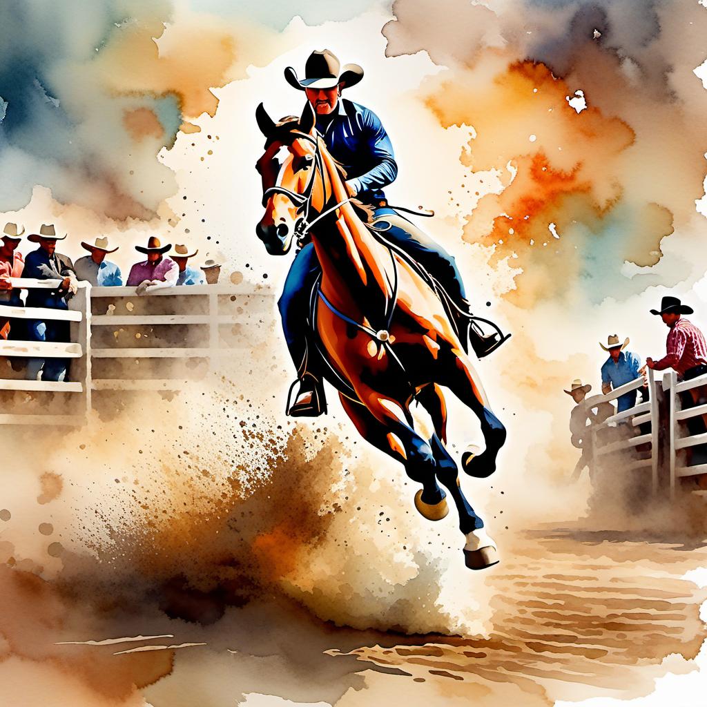  Create a watercolor painting of a man ridding a bucking horse at a rodeo. The background features soft, watercolor style splashes in earthy tones, giving the image an artistic and dreamy feel. Ensure the overall image has a delicate watercolor effect.