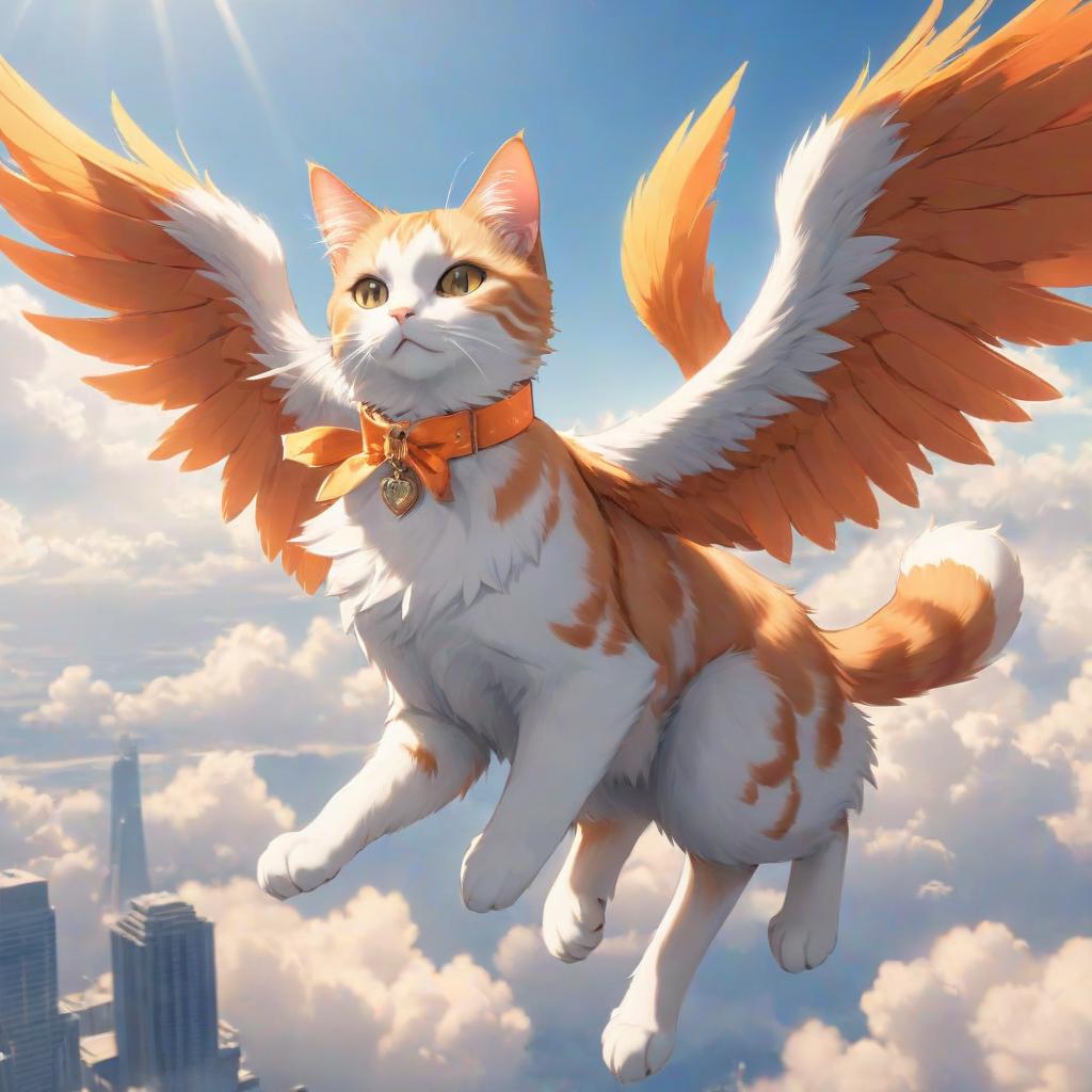  anime artwork Orange and white cat with orange wings flying in the sky . anime style, key visual, vibrant, studio anime, highly detailed hyperrealistic, full body, detailed clothing, highly detailed, cinematic lighting, stunningly beautiful, intricate, sharp focus, f/1. 8, 85mm, (centered image composition), (professionally color graded), ((bright soft diffused light)), volumetric fog, trending on instagram, trending on tumblr, HDR 4K, 8K