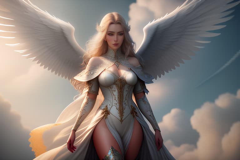  An angel flies in the sky. hyperrealistic, full body, detailed clothing, highly detailed, cinematic lighting, stunningly beautiful, intricate, sharp focus, f/1. 8, 85mm, (centered image composition), (professionally color graded), ((bright soft diffused light)), volumetric fog, trending on instagram, trending on tumblr, HDR 4K, 8K