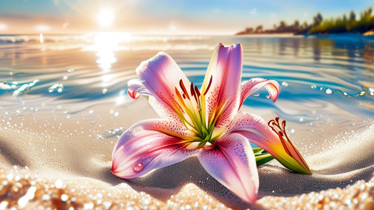  best quality, HD, Beach summer panoramic background with Lily flower on the cristal sand and glory water