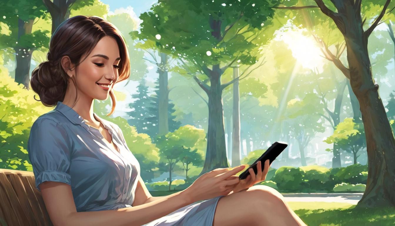  digital illustration, 1woman, in her 30s, smiling at her phone, sitting in a park, sunlight filtering through the trees, casual attire with a light dress, a sense of warmth and care, looking at viewer, dynamic pose, (intricate details, masterpiece, best quality)