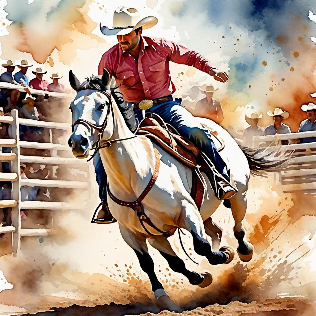  Create a watercolor painting of a man ridding a bucking horse at a rodeo. The background features soft, watercolor style splashes in earthy tones, giving the image an artistic and dreamy feel. Ensure the overall image has a delicate watercolor effect.