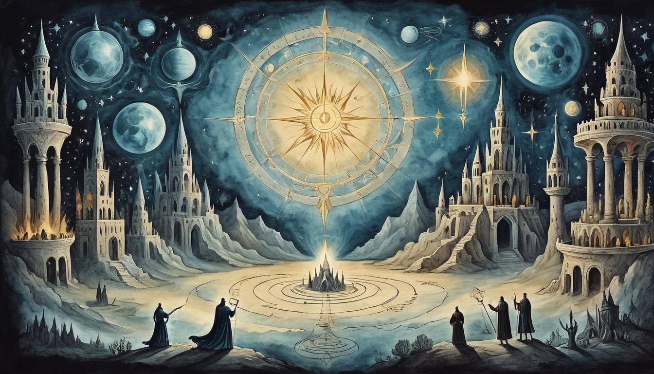  on parchment, surrealism+++, Light of chosen ones, surrounded by darkness, radiant, unyielding, cosmic recognition, illuminated(mysterious, provocative, symbolic,muted color)+++