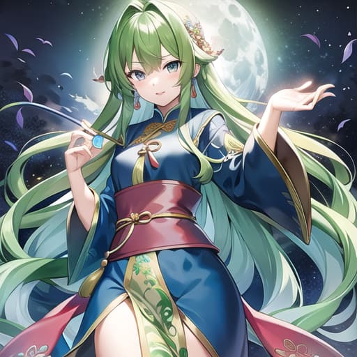  master piece , best quality,Pea , blue green wavy long hair, Manchu clothes, long sleeves, long , moonlit night view