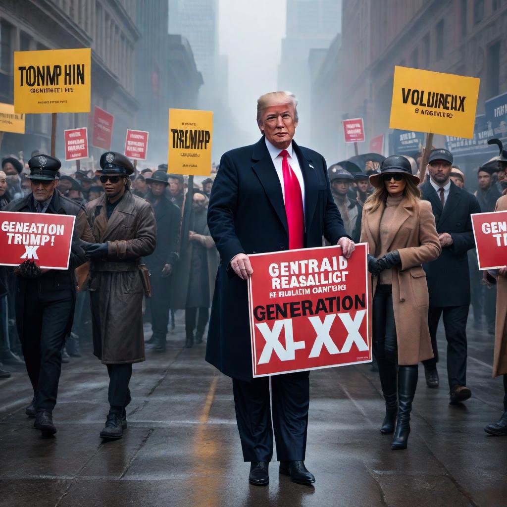  Donald Trump holding a sign that reads 'Generation X' hyperrealistic, full body, detailed clothing, highly detailed, cinematic lighting, stunningly beautiful, intricate, sharp focus, f/1. 8, 85mm, (centered image composition), (professionally color graded), ((bright soft diffused light)), volumetric fog, trending on instagram, trending on tumblr, HDR 4K, 8K