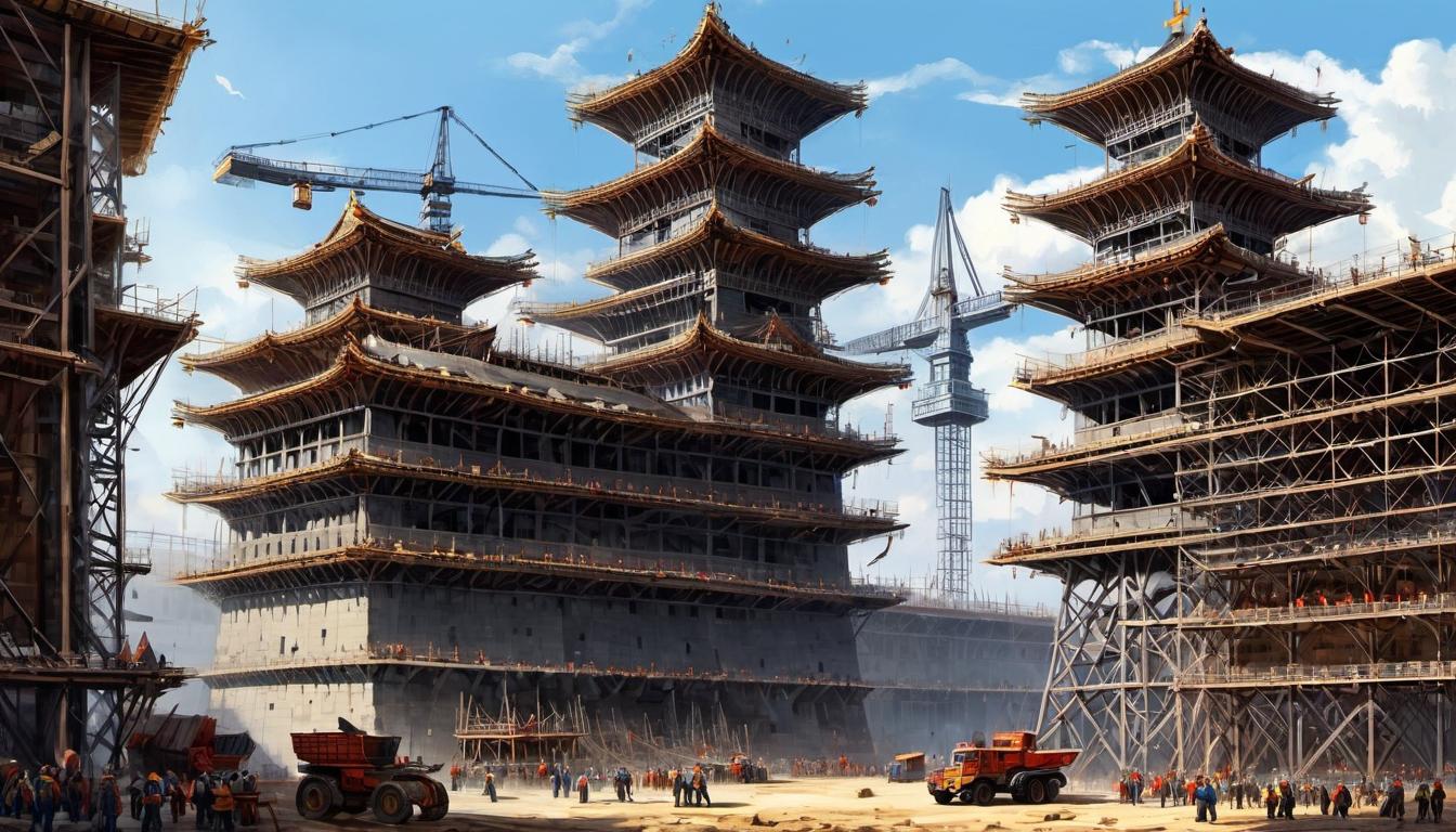  digital painting of The tower under construction, massive scaffolding surrounds an enormous structure, stone blocks, cranes and pulleys, laborers in ancient garments scattered around working, colossal size, impressive engineering looking at viewer, dynamic pose, (intricate details, masterpiece, best quality)