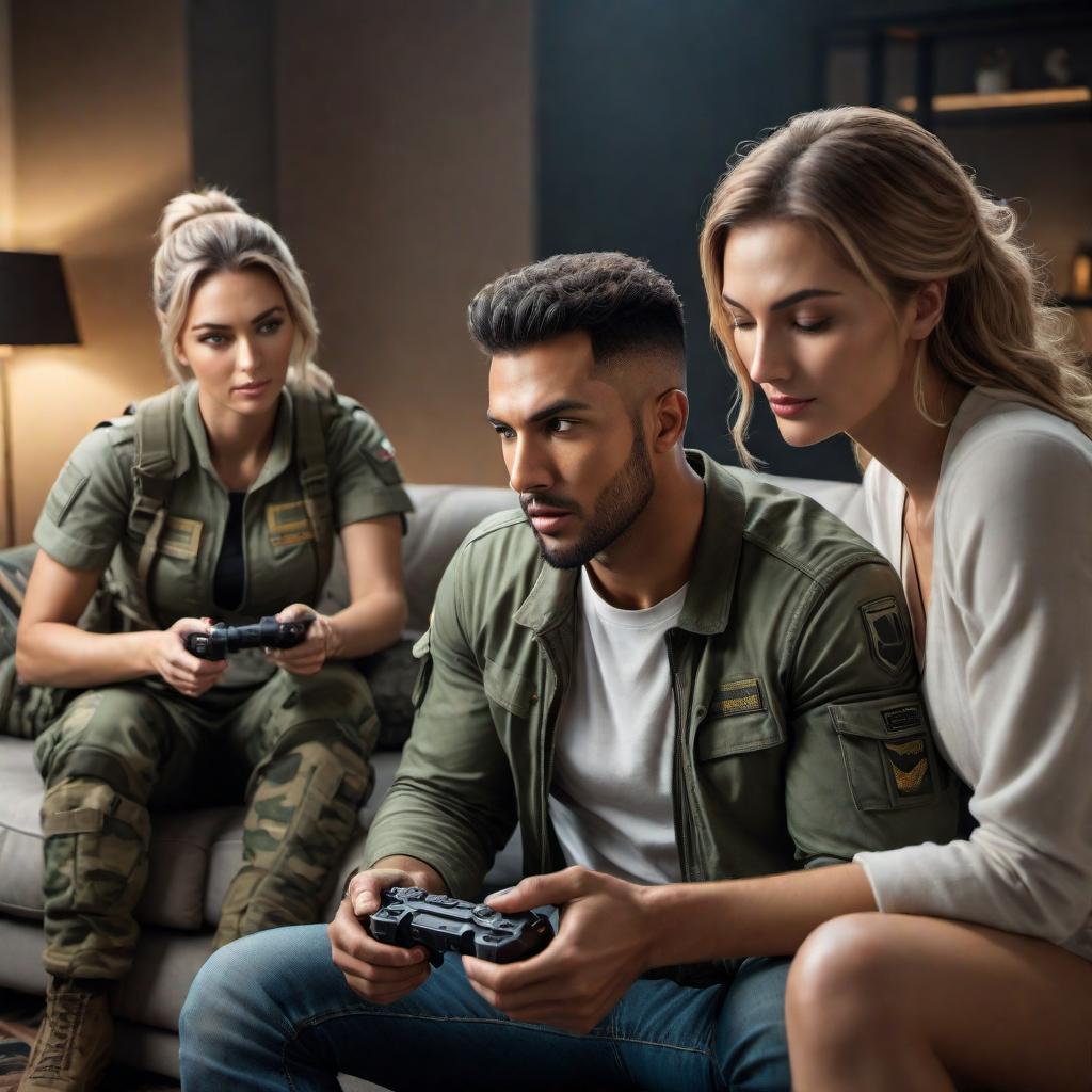  An image of a young man playing Call of Duty on a gaming console, focused and engaged in the game, while a young woman sits next to him on a couch, looking at her phone with a relaxed expression. hyperrealistic, full body, detailed clothing, highly detailed, cinematic lighting, stunningly beautiful, intricate, sharp focus, f/1. 8, 85mm, (centered image composition), (professionally color graded), ((bright soft diffused light)), volumetric fog, trending on instagram, trending on tumblr, HDR 4K, 8K