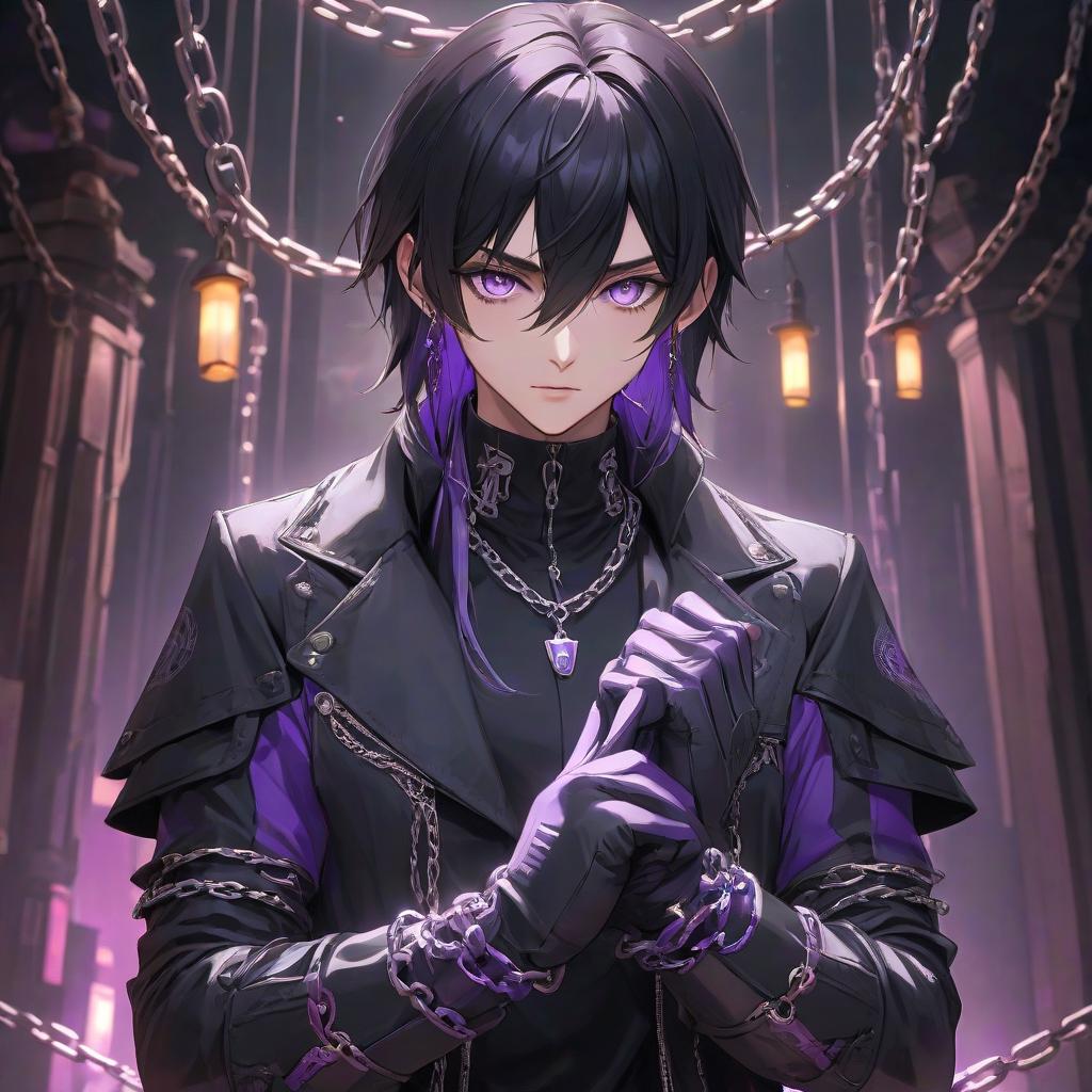  (masterpiece, 2D, anime style), guy, black hair, long hair, amber eyes, deep set eyes, pale skin, geometric shapes on hands, dark colored clothing, neon elements, pale purple fabriccybernetic hands, gloves, chains, silver chains, light from behind the object, high quality, HD, visual novel style, hyperrealistic, full body, detailed clothing, highly detailed, cinematic lighting, stunningly beautiful, intricate, sharp focus, f/1. 8, 85mm, (centered image composition), (professionally color graded), ((bright soft diffused light)), volumetric fog, trending on instagram, trending on tumblr, HDR 4K, 8K