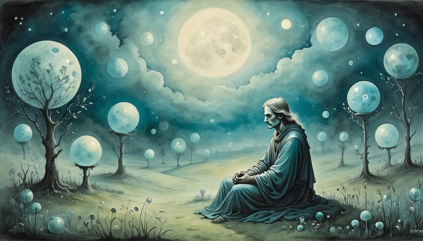  on parchment, surrealism+++, Ethereal figure seated in a moonlit meadow, head resting on hands, surrounded by ghostly, luminous orbs, melancholic, surreal, spiritual isolation(mysterious, provocative, symbolic,muted color)+++