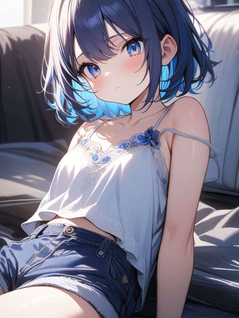  Cute, delicate, blue hair, blue eyes, blueberry, bob hair, young face, camisole, short hair, big eyes, shorts, masterpiece, best quality,8k,ultra detailed,high resolution,an extremely delicate and beautiful,hyper detail