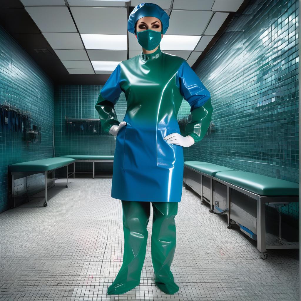  "(hyper detailed), (single woman surgeon standing) in (glossy latex: 1.2) (dark green: 1.1) and (dark blue: 1.2), (full length), (front view ), (full face), standing alone in the locker room of the waiting room in the operating room against the backdrop of a tiled wall there is no one else • posture of the Surgeon: (holds his hands in front of him), (arms extended forward:), ( slightly bent at the elbows), (elbows parallel to the body), (arms also parallel to each other), (hands at head level), (arms pointing down), (fingers slightly apart), • Detailed description: (colors and details of the surgical suit, available only in two color version: • glossy latex • dark green and dark blue, • no other colors). • Surgical suit: (glossy hyperrealistic, full body, detailed clothing, highly detailed, cinematic lighting, stunningly beautiful, intricate, sharp focus, f/1. 8, 85mm, (centered image composition), (professionally color graded), ((bright soft diffused light)), volumetric fog, trending on instagram, trending on tumblr, HDR 4K, 8K