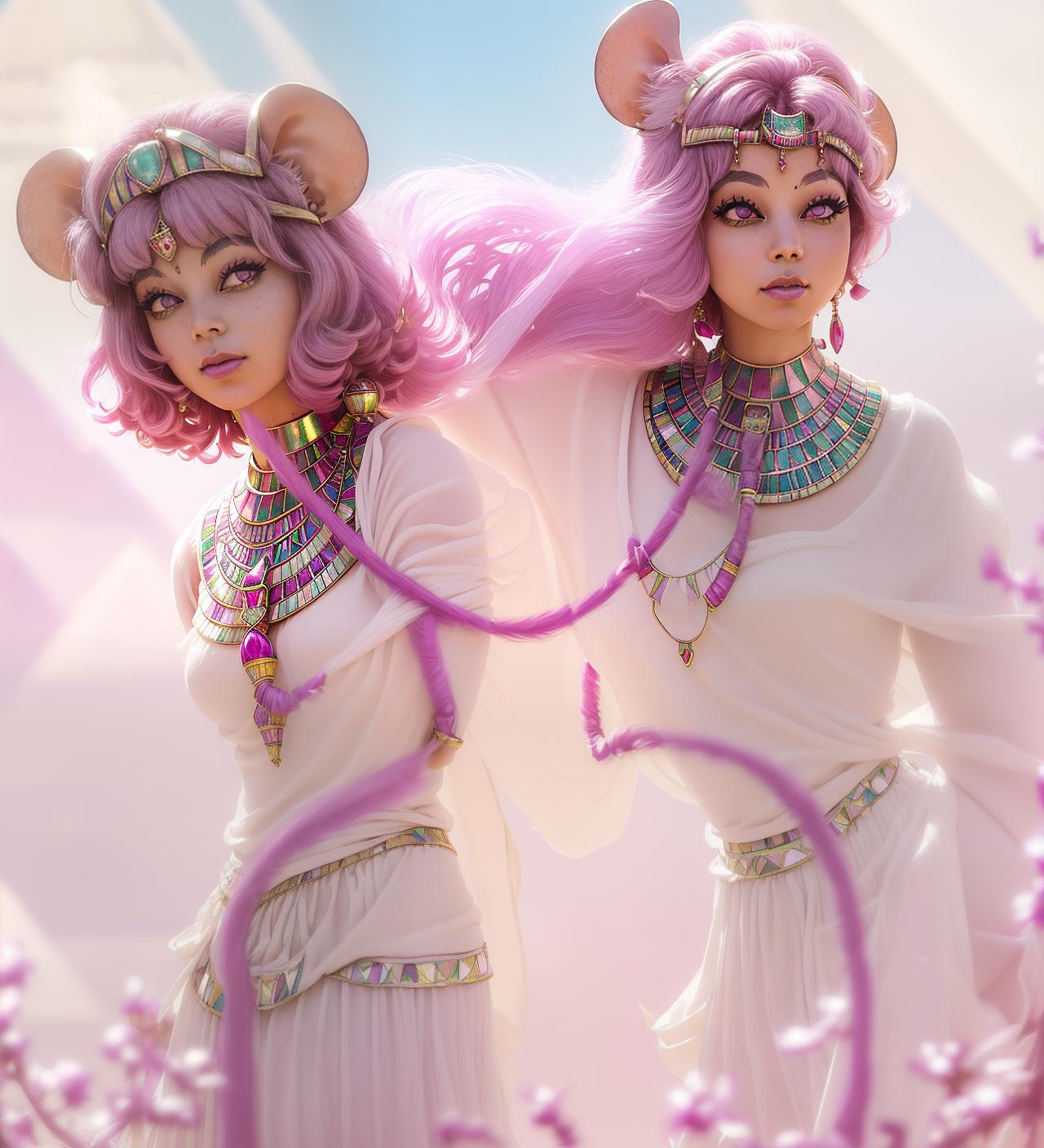  ethereal fantasy concept art of (((mouse bob hair magenta 60’s dithering soft focus Egypt Egyptian jewelry necklace toga laurels))) . magnificent, celestial, ethereal, painterly, epic, majestic, magical, fantasy art, cover art, dreamy