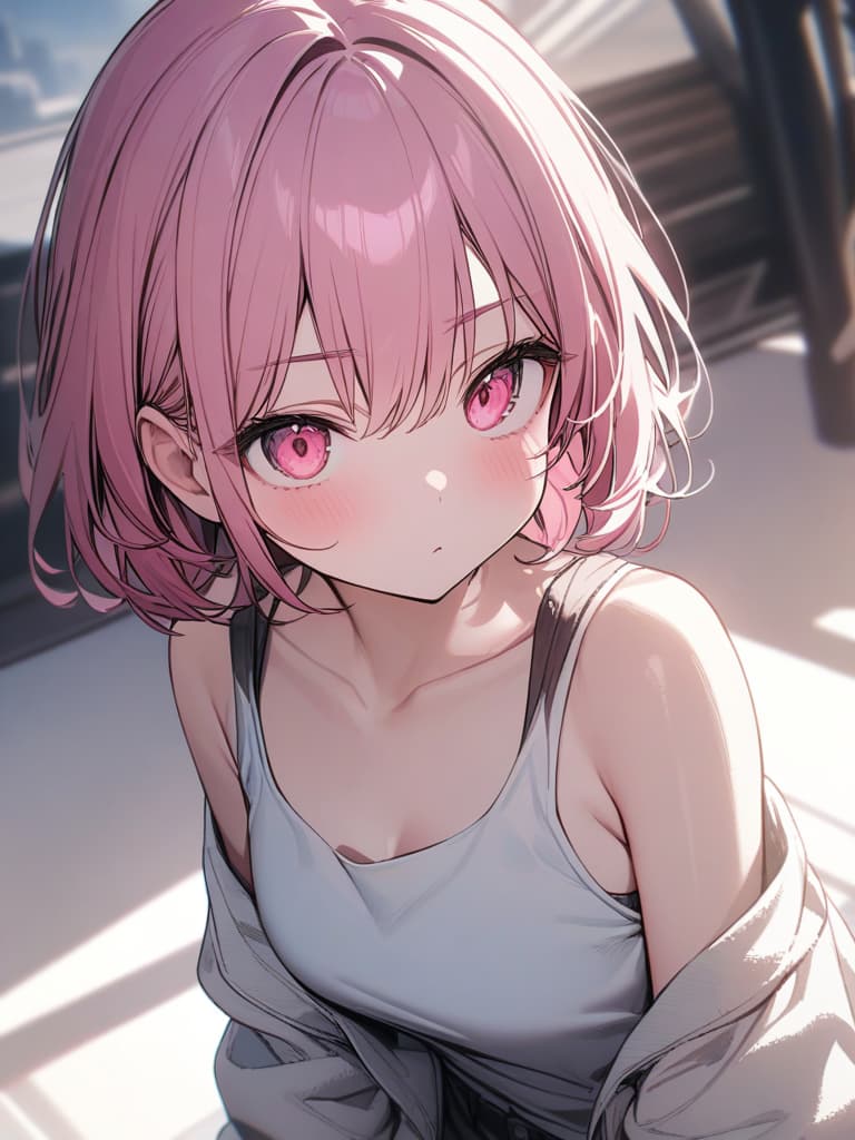  Girl, cute, big face, young face, tank top, pink hair color, pink eyes, short bob, masterpiece, best quality,8k,ultra detailed,high resolution,an extremely delicate and beautiful,hyper detail