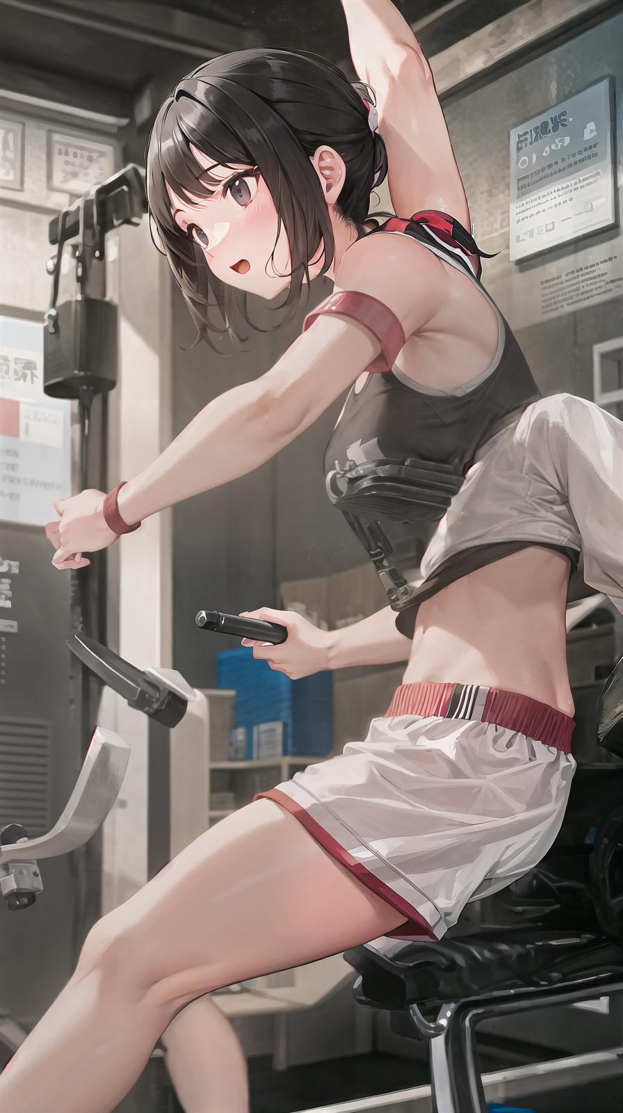  master piece , best quality,master piece,cute ,(),white short pants,sport ,black hair,arms behind back,embrred,gym,dark place