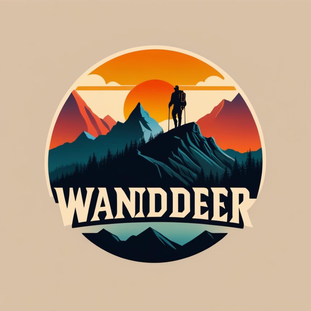  Logo, (realism style), „Wanderer“ auf dem Weg in die Berge bei Sonnenaufgang