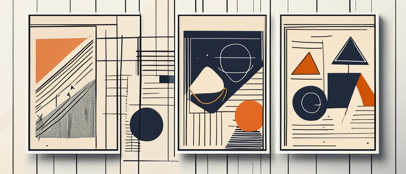  best quality, HD, A set of three modern art posters. Hand drawn geometric shapes and lines. Retro style.