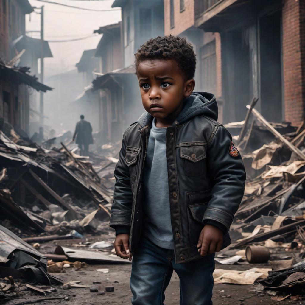  A child looking back to find his black father, but his father is fading away in the mess. The scene is emotional and displays a sense of loss and confusion. The background is chaotic, symbolizing the mess, while the child is the focus, with tears in his eyes and a look of desperation. The father, partially transparent, is fading away into the chaotic background. hyperrealistic, full body, detailed clothing, highly detailed, cinematic lighting, stunningly beautiful, intricate, sharp focus, f/1. 8, 85mm, (centered image composition), (professionally color graded), ((bright soft diffused light)), volumetric fog, trending on instagram, trending on tumblr, HDR 4K, 8K