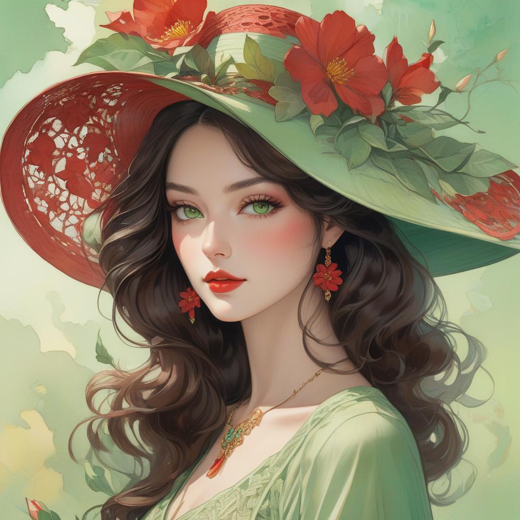  hyperrealistic art A digital artwork of a woman with green eyes, wavy hair, wearing a broad brimmed hat adorned with a flower, set against a colorful backdrop. Art deco masterpiece by legendary artists that include vlop, Victo Ngai, Annigoni, Milo Manara, Botticelli, Catrin Welz Stein, Jean Metzinger, Gustav Klimt, image of a young woman with a fair complexion and soft facial features. She has charming almond shaped hazel eyes and full lips that add to her serene expression. Her wavy, dark brown hair falls gracefully under a wide brimmed, light green hat decorated with intricate lace patterns and a delicate red flower. The background merges with her form in a dreamy watercolor blend of green, red and hints of yellow, suggesting a mix of flo hyperrealistic, full body, detailed clothing, highly detailed, cinematic lighting, stunningly beautiful, intricate, sharp focus, f/1. 8, 85mm, (centered image composition), (professionally color graded), ((bright soft diffused light)), volumetric fog, trending on instagram, trending on tumblr, HDR 4K, 8K