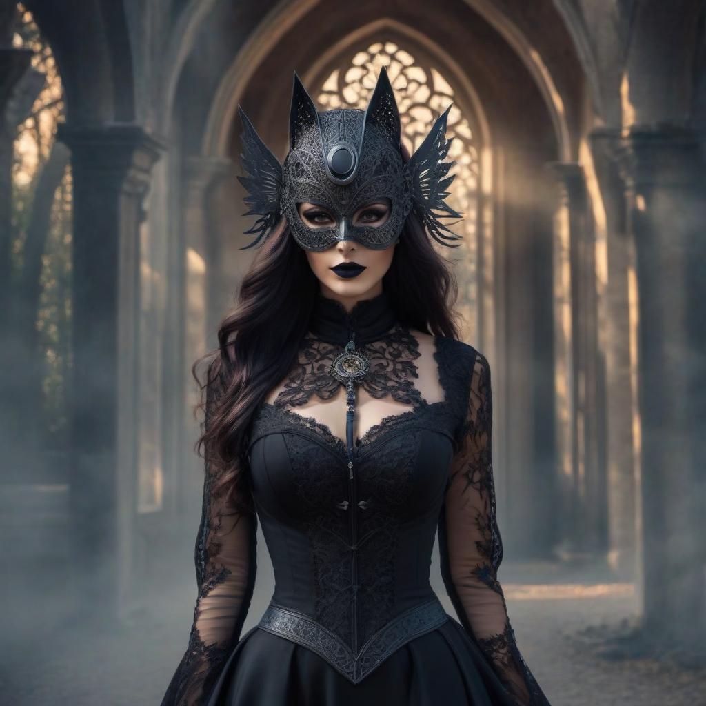  portrait of beautiful gothic woman wearing solar shadow mask" hyperrealistic, full body, detailed clothing, highly detailed, cinematic lighting, stunningly beautiful, intricate, sharp focus, f/1. 8, 85mm, (centered image composition), (professionally color graded), ((bright soft diffused light)), volumetric fog, trending on instagram, trending on tumblr, HDR 4K, 8K