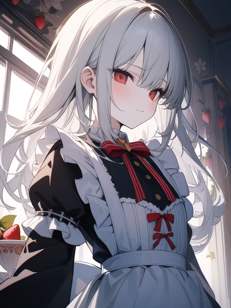  Cute, girl, white skin, fluffy hair, fruits, white hair, red eyes, young face, long hair, thin eyes, thin body, strawberry decoration, maid clothes, frills, red and white clothes, wink, masterpiece, best quality,8k,ultra detailed,high resolution,an extremely delicate and beautiful,hyper detail