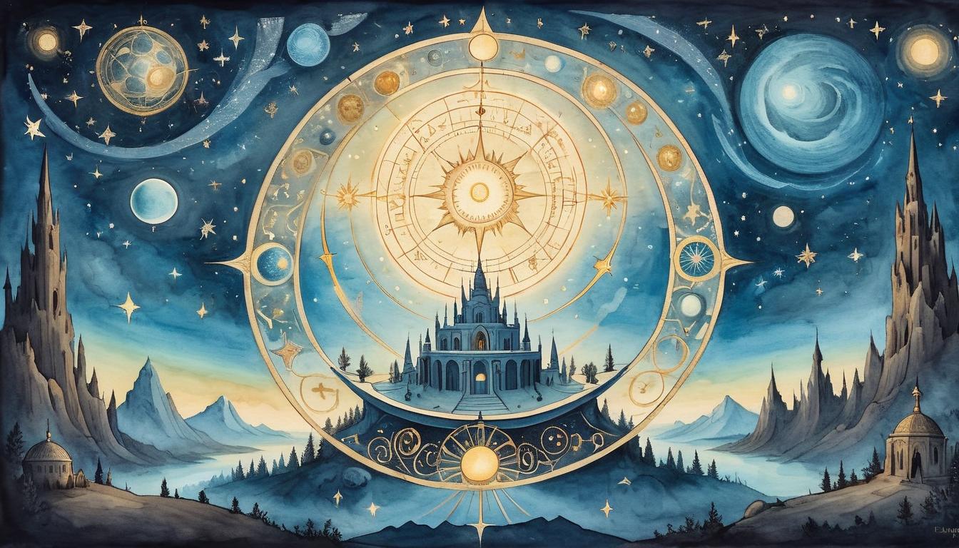  on parchment, surrealism+++, Celestial sphere with radiant symbols, night sky studded with stars, central glowing halo, emanating gentle light, divine aura, harmonious, serene(mysterious, provocative, symbolic,muted color)+++