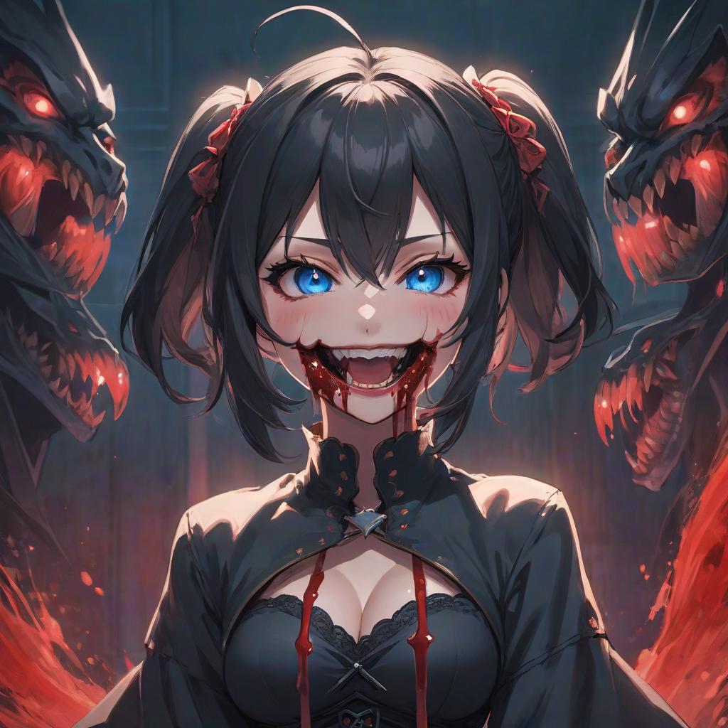  anime artwork a close up of a woman with blood on her face, artwork in the style of guweiz, evil insane smiling laugh, glowing black aura, androgynous vampire, frightful, by Gu Zhengyi, ahegao, thousands of teeth, scary angry pose, bite her lip, blue wall, yami kawaii, black ears . anime style, key visual, vibrant, studio anime, highly detailed hyperrealistic, full body, detailed clothing, highly detailed, cinematic lighting, stunningly beautiful, intricate, sharp focus, f/1. 8, 85mm, (centered image composition), (professionally color graded), ((bright soft diffused light)), volumetric fog, trending on instagram, trending on tumblr, HDR 4K, 8K