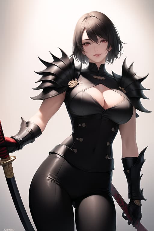  black hair, very very short hair, older sister, mature, white dress shirt, red corset, black leather pants, long katana, from head to thigh, muscular, precise eyes, precise hands, Japanese armor on shoulders and arms, smiling, (Masterpiece, BestQuality:1.3), (ultra detailed:1.2), (hyperrealistic:1.3), (RAW photo:1.2),High detail RAW color photo, professional photograph, (Photorealistic:1.4), (realistic:1.4), ,professional lighting, (japanese), beautiful face, (realistic face)