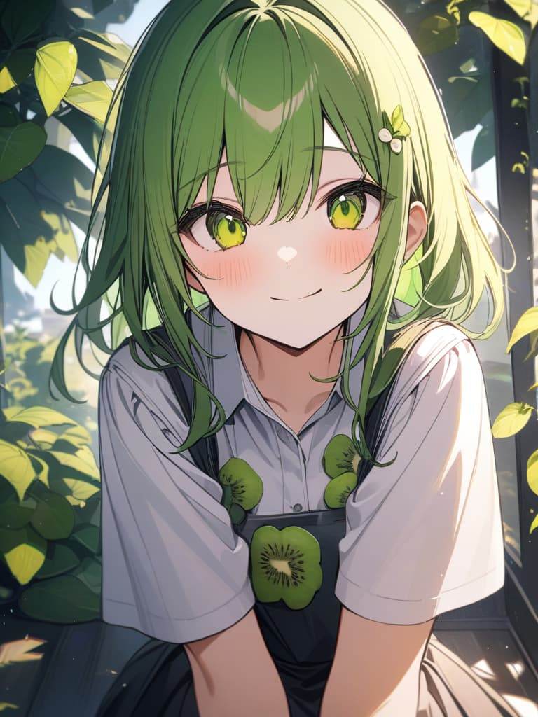  Cute, , yellow green eyes, yellow green hair color, kiwi decoration, kiwi fruit, vine, green , uniform, white shirt, smiling face, shy face, side tail, masterpiece, best quality,8k,ultra detailed,high resolution,an extremely delicate and beautiful,hyper detail