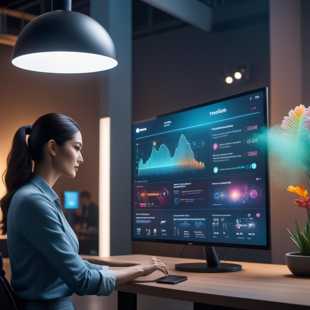  An AI assistant interacting with a user on a digital screen, with a colorful and creative design to represent communication and technology. hyperrealistic, full body, detailed clothing, highly detailed, cinematic lighting, stunningly beautiful, intricate, sharp focus, f/1. 8, 85mm, (centered image composition), (professionally color graded), ((bright soft diffused light)), volumetric fog, trending on instagram, trending on tumblr, HDR 4K, 8K