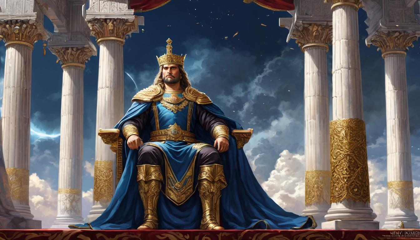  digital painting of Nimrod, regal attire, high on a throne, defiant gaze towards the heavens, royal court surrounding, advisors afear and awestruck, majestic pillars and drapes, eternal defiance, challenge divine looking at viewer, dynamic pose, (intricate details, masterpiece, best quality)