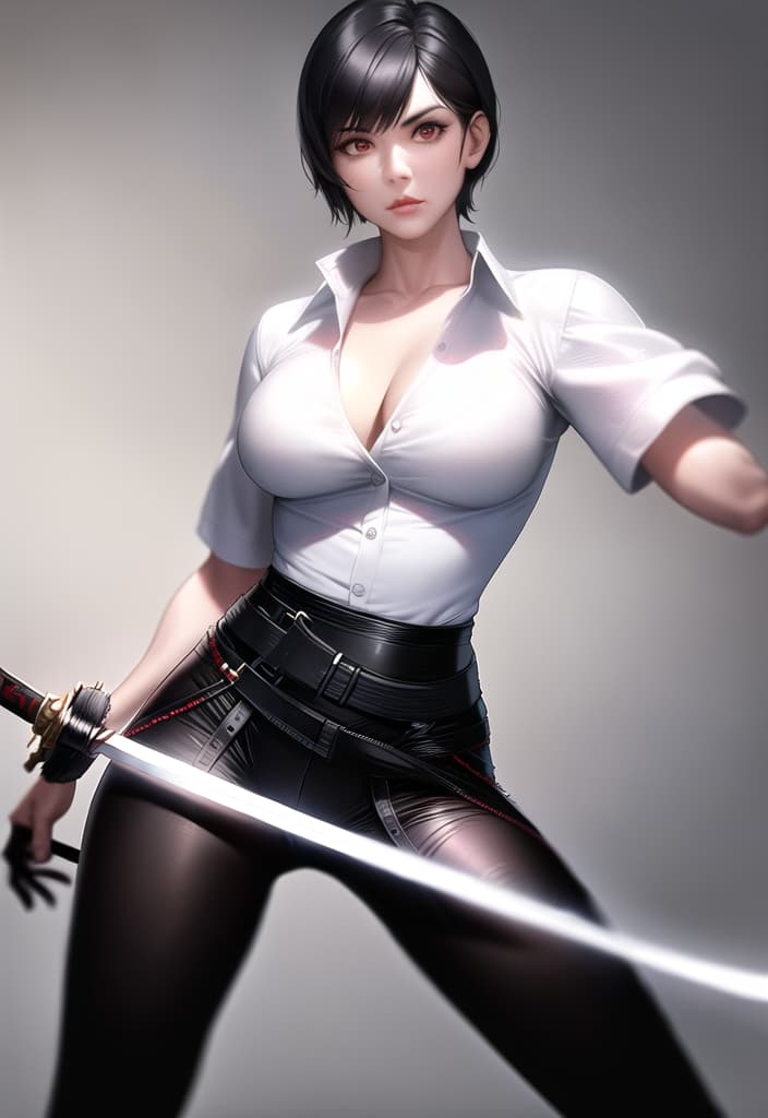  black hair, very short hair, woman, older sister, mature, white dress shirt, red corset, black leather pants, long Japanese sword, muscular, accurate eyes, accurate hands, Japanese armor on shoulders and arms,cowboy shot, (Masterpiece, BestQuality:1.3), (ultra detailed:1.2), (hyperrealistic:1.3), (RAW photo:1.2),High detail RAW color photo, professional photograph, (Photorealistic:1.4), (realistic:1.4), ,professional lighting, (japanese), beautiful face, (realistic face)