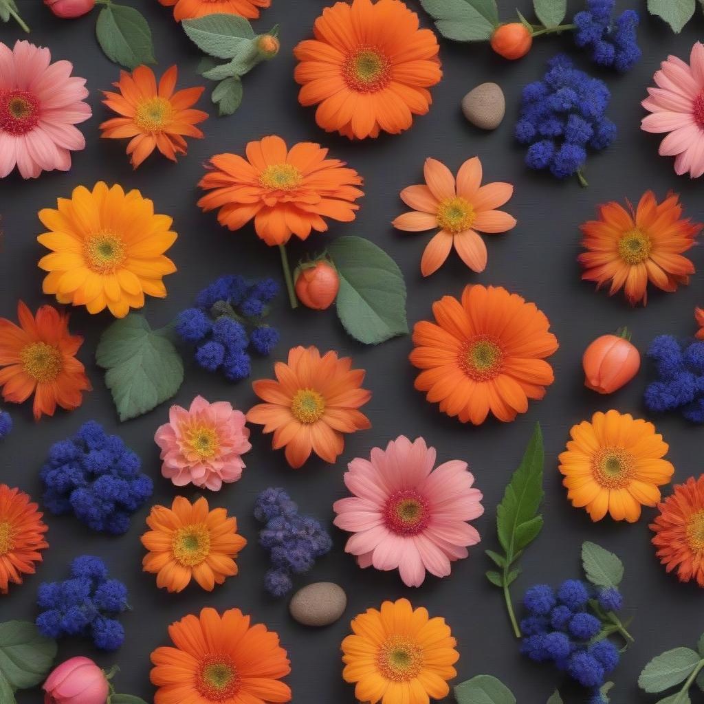  Need a collage of flowers.Color scheme: black.Shades of gray (graphite, smoky).Deep blue, brown-brick gamut.Bright color accents are possible on a general dark background (orange, bright pink, brick)