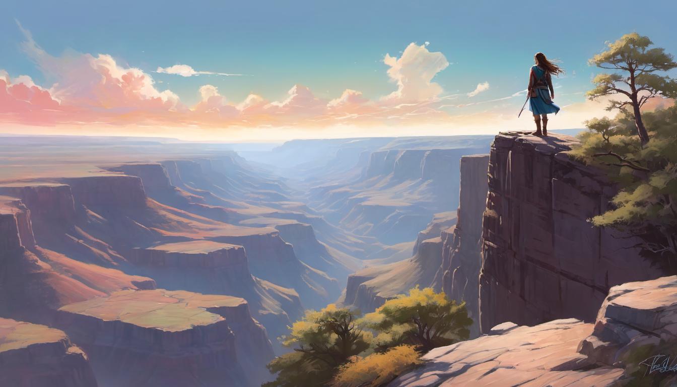  digital illustration, 1woman, standing on a cliff edge, overlooking a vast canyon, wind flowing through her hair, sky painted with soft pastel colors, horizon lined with distant silhouettes of people, perspective, clarity, solitary strength, elevation, looking at viewer, dynamic pose, (intricate details, masterpiece, best quality)