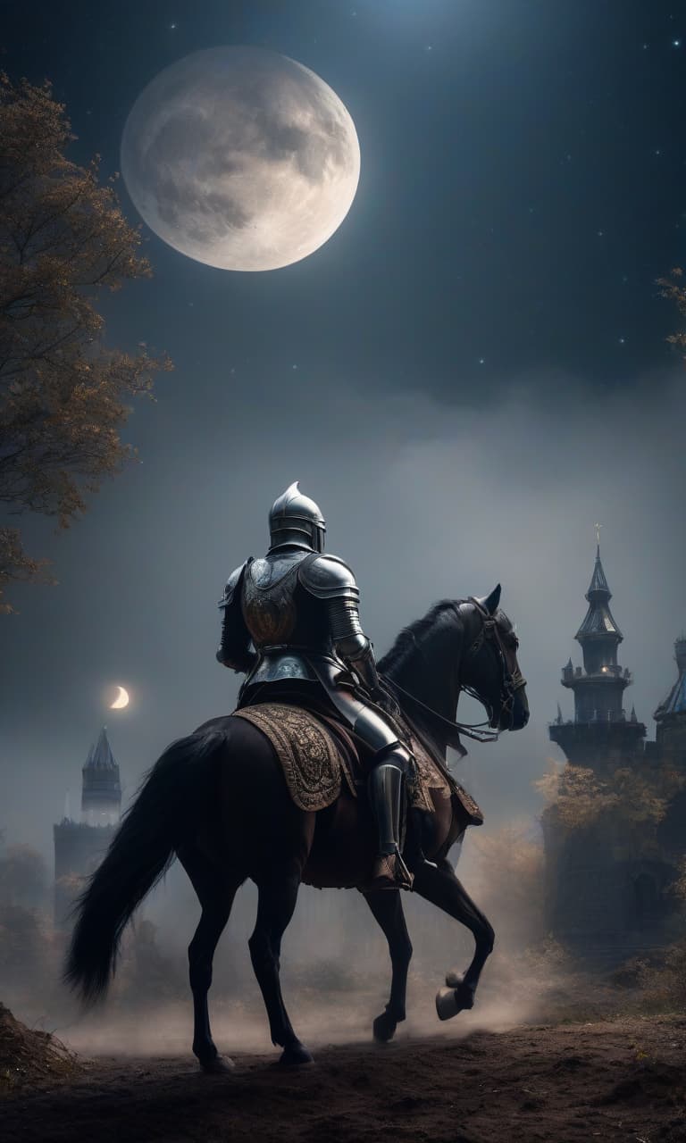  atmospheric castle, knights on horses, detailed outlines, stars, moon, double exposure, epic, stellar vortex, painting, high resolution, beautiful, frame aesthetics, deep focus, many details, dark tones, bright colors, hyperrealistic, ultra HD, fantasy art, 30mm lens, 1/250s, f/2.8, ISO 100, 4k. hyperrealistic, full body, detailed clothing, highly detailed, cinematic lighting, stunningly beautiful, intricate, sharp focus, f/1. 8, 85mm, (centered image composition), (professionally color graded), ((bright soft diffused light)), volumetric fog, trending on instagram, trending on tumblr, HDR 4K, 8K