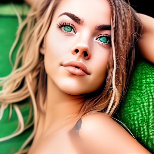  Charly Jordan, ultra realistic photography, detailed image, background green Perfect face, ultra realistic face, realistic body, beautiful face and eyes, erotic body, naked, Lie on your side pose, Dynamic pose, full body
