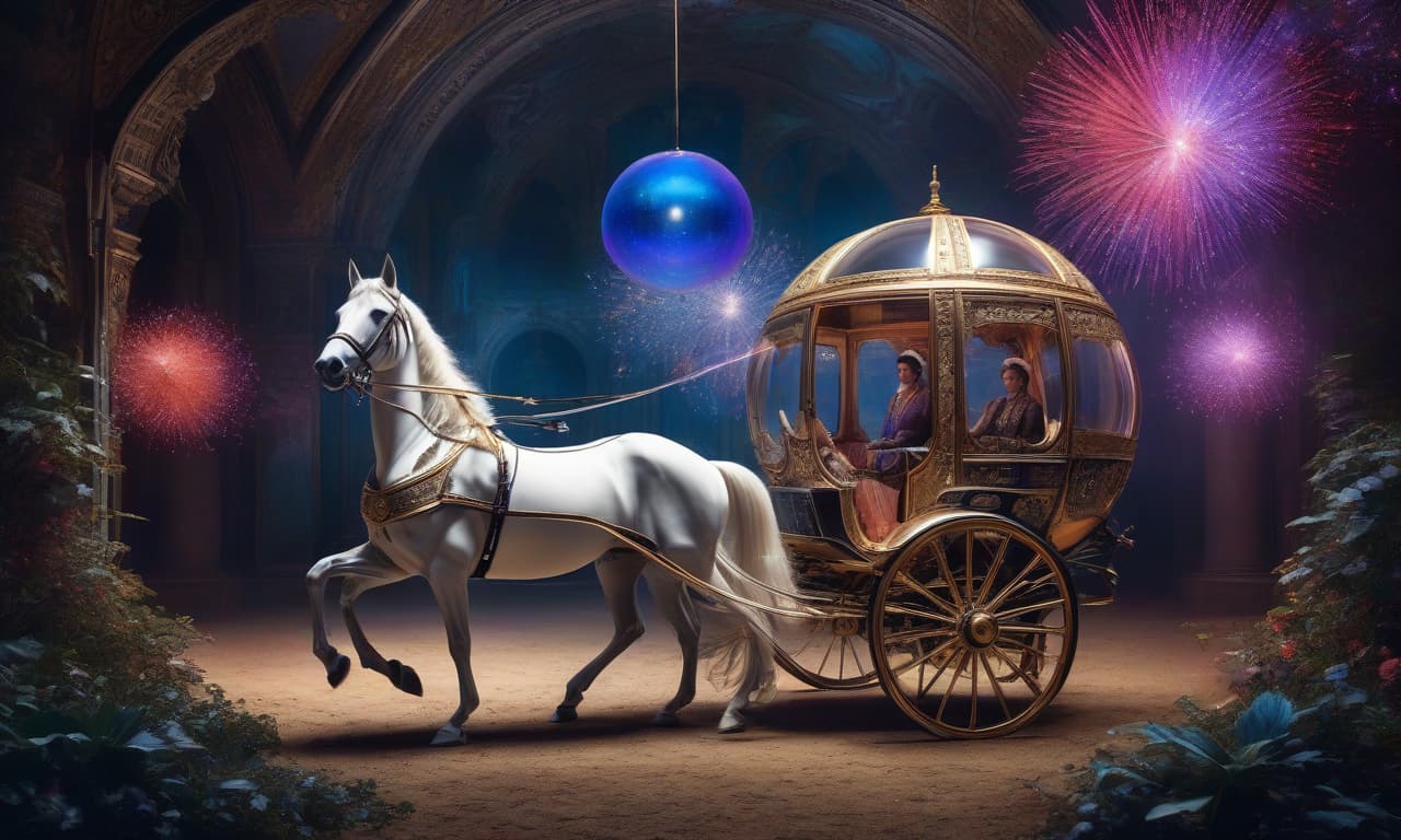  Fantasy scene. Digital photo, Cleopatra stands on a carriage and drives two horses hitched to the carriage in a glowing sphere, emitting white blue red luminescence, neon purple sparks, mystical glow. Sparks fly from the wheels of the carriage. Surreal, fantastical detailed background: surrealist, intertwining in an unusual whimsical ornament. Fine details. Sparkles. Art Deco style. Abstract. Surrealist idea in the manner of Andrew Jones, Fragonard, Josephine Walsh, Antoine Watteau. Sabbas Aperos, Alfons Mucha, Aubrey Beardsley. Enchanting simplicity. High quality. HDR. hyperrealistic, full body, detailed clothing, highly detailed, cinematic lighting, stunningly beautiful, intricate, sharp focus, f/1. 8, 85mm, (centered image composition), (professionally color graded), ((bright soft diffused light)), volumetric fog, trending on instagram, trending on tumblr, HDR 4K, 8K