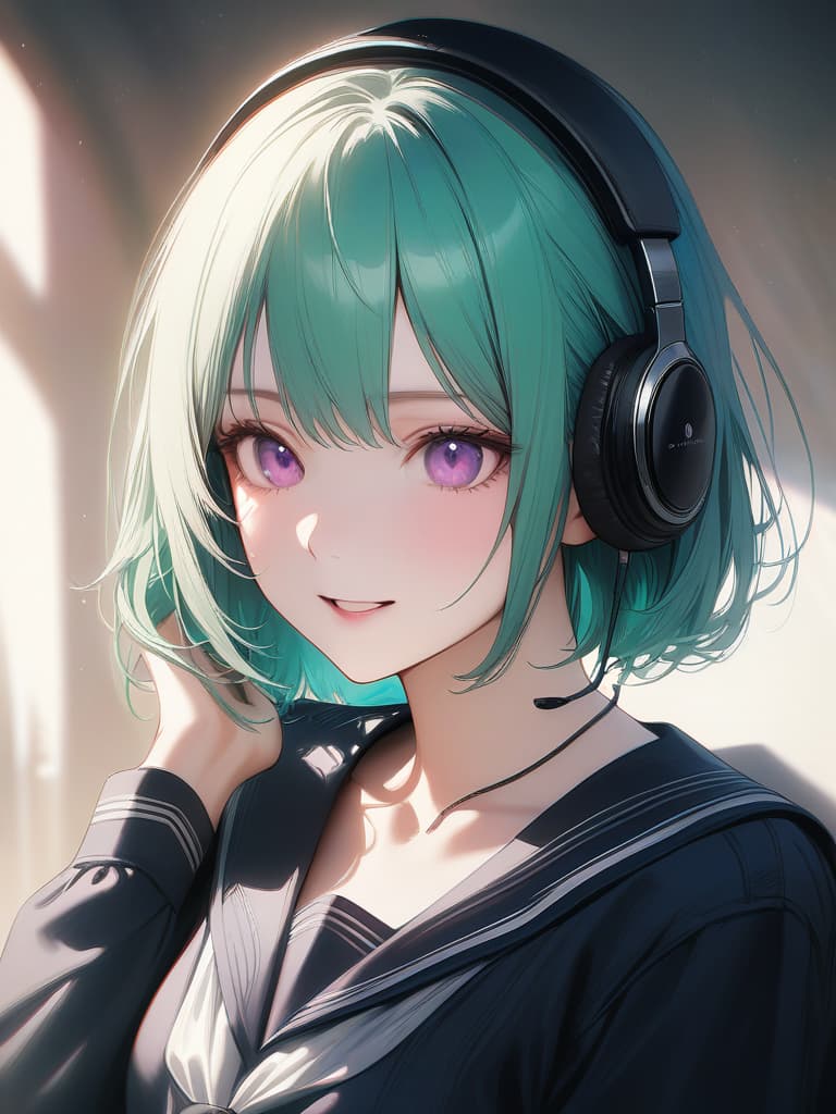  1girl,18yo,green hair,short hair,purple eyes,headphone,summer black sailor suit,very loud laugh,realistic, masterpiece, best quality,8k,ultra detailed,high resolution,an extremely delicate and beautiful,hyper detail