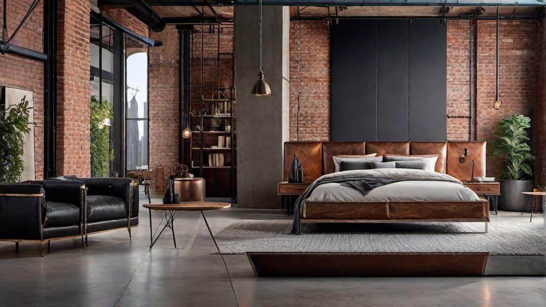  Generate an image of an urban industrial bedroom design featuring a <strong>bedroom industrial chic</strong> style. The room should showcase a sturdy <strong>industrial bed frame</strong> made from reclaimed wood and metal, along with an eye catching <strong>industrial headboard</strong> with a distressed finish. Include elements like exposed brick walls, concrete flooring, and vintage leather furniture to enhance the <strong>industrial chic</strong> ambiance. The overall aesthetic should blend raw, industrial materials with modern and retro touches, creating a cozy and stylish urban retreat. hyperrealistic, full body, detailed clothing, highly detailed, cinematic lighting, stunningly beautiful, intricate, sharp focus, f/1. 8, 85mm, (centered image composition), (professionally color graded), ((bright soft diffused light)), volumetric fog, trending on instagram, trending on tumblr, HDR 4K, 8K