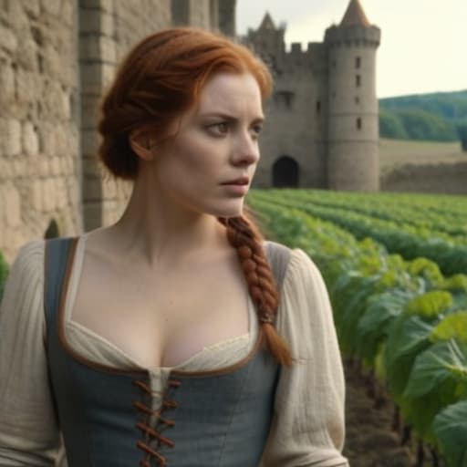  Cinematic Film Still, Medieval \(setting\), beautiful peasant woman, auburn hair, short braid hairstyle, pale skin, [light freckles], outdoors, picking crops, field, gloomy, overcast, cool color temperature, detailed skin texture, wearing soft linen Chemise, dramatic, dirty, castle wall in background, solo, cinematic lighting, muted color palette, shadow, 50mm, F/5.6 lens, ISO 1000, (extremely detailed), grim, gritty, Movie Still from Kingdom Come hyperrealistic, full body, detailed clothing, highly detailed, cinematic lighting, stunningly beautiful, intricate, sharp focus, f/1. 8, 85mm, (centered image composition), (professionally color graded), ((bright soft diffused light)), volumetric fog, trending on instagram, trending on tumblr, HDR 4K, 8K