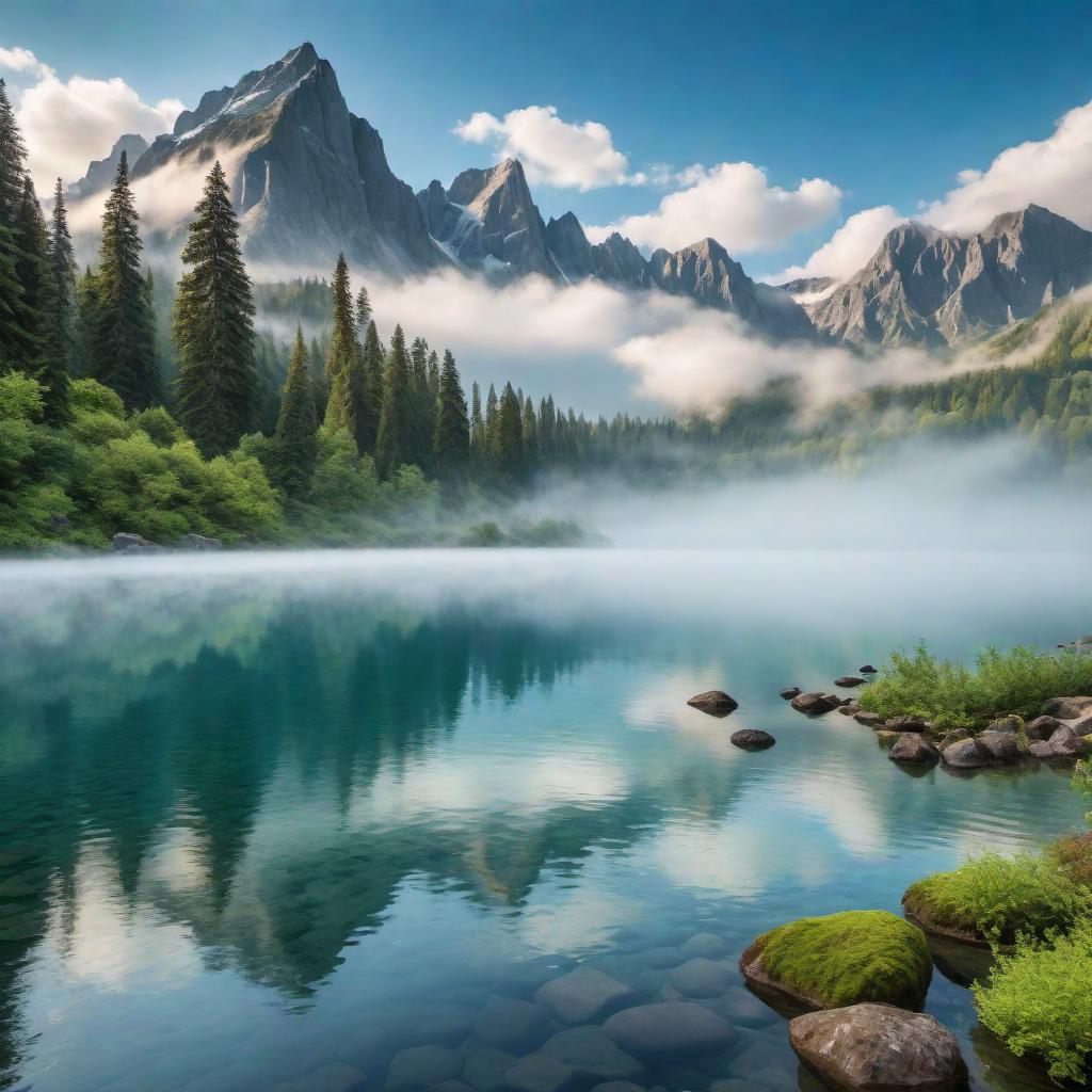  Create a beautiful landscape with majestic mountains in the background, surrounded by a serene lake reflecting the sky. Include lush green trees in the foreground and a clear blue sky with fluffy white clouds overhead. hyperrealistic, full body, detailed clothing, highly detailed, cinematic lighting, stunningly beautiful, intricate, sharp focus, f/1. 8, 85mm, (centered image composition), (professionally color graded), ((bright soft diffused light)), volumetric fog, trending on instagram, trending on tumblr, HDR 4K, 8K