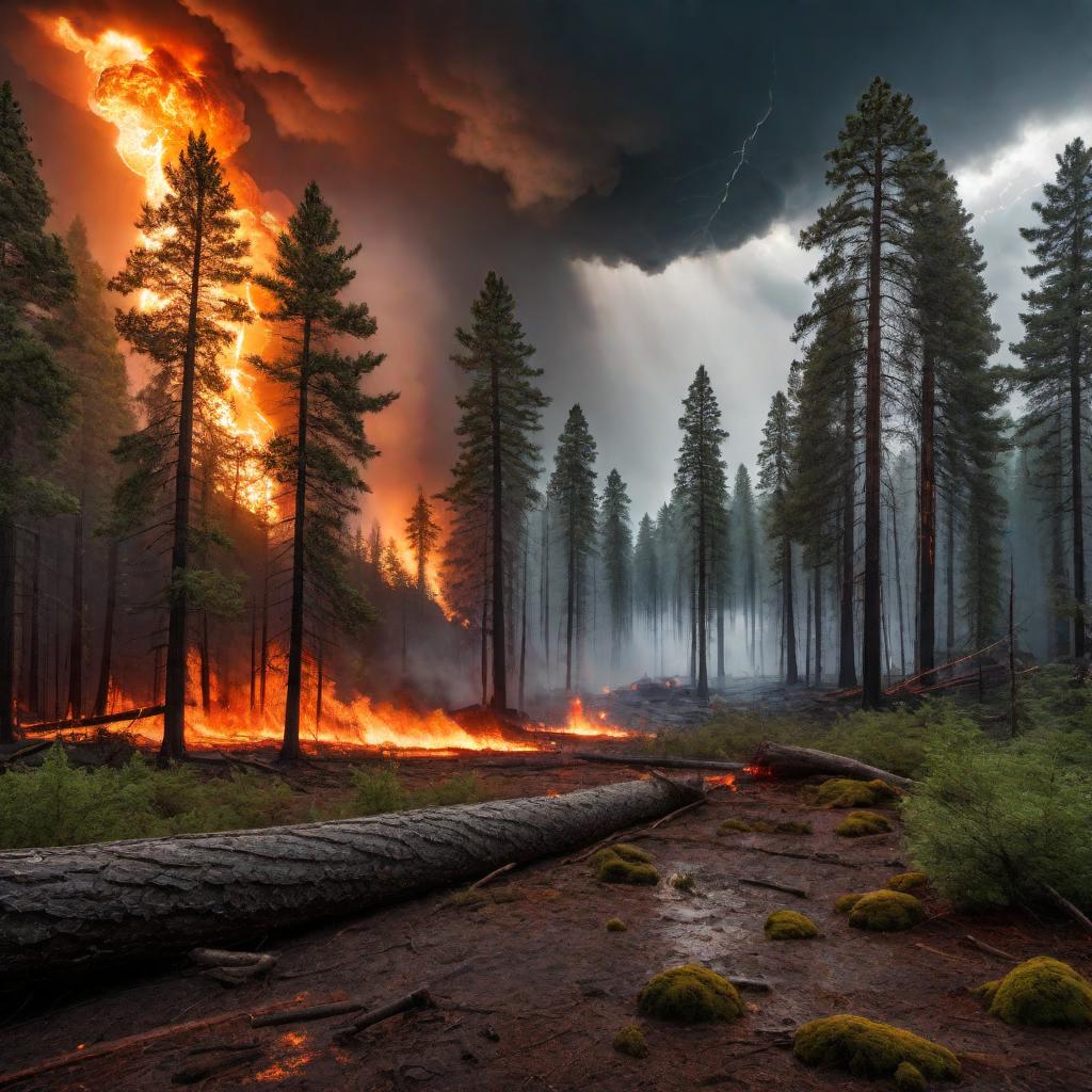  A dramatic scene in a forest where it looks like a storm is occurring but the sun is burning everything. The sky should be filled with dark storm clouds and lightning bolts, as well as a distinct, blazing sun casting intense light down onto the trees. The trees and forest floor should appear to be catching fire, with vibrant flames and smoke. The overall mood should be chaotic and intense, with contrasting elements of the storm and fire. hyperrealistic, full body, detailed clothing, highly detailed, cinematic lighting, stunningly beautiful, intricate, sharp focus, f/1. 8, 85mm, (centered image composition), (professionally color graded), ((bright soft diffused light)), volumetric fog, trending on instagram, trending on tumblr, HDR 4K, 8K